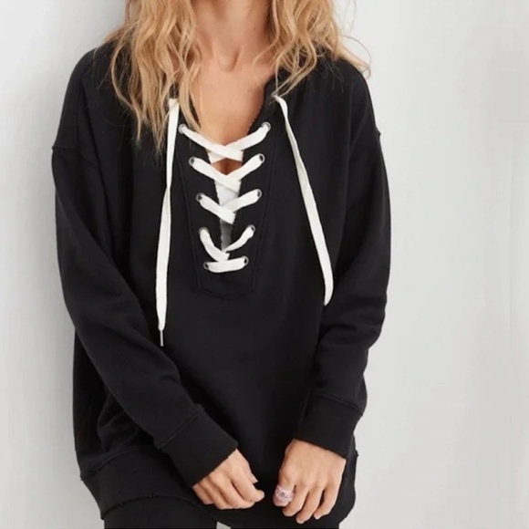 aerie - Lace Up Oversized Black Crew Distressed Raw Edge Sweatshirt -XL - Picture 1 of 1